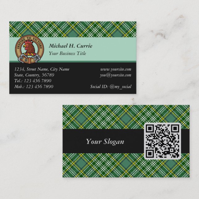 Clan Currie Rooster Crest over Tartan Business Card (Front/Back)