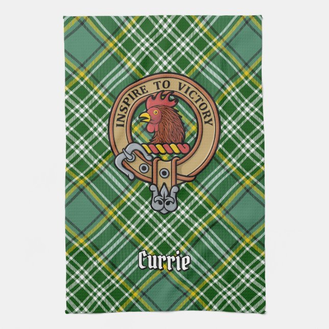 Clan Currie Rooster Crest over Tartan Tea Towel (Vertical)