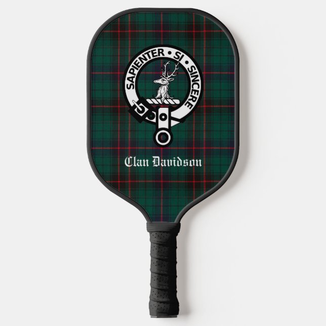 Clan Davidson Crest Badge and Tartan  Pickleball Paddle (Front)