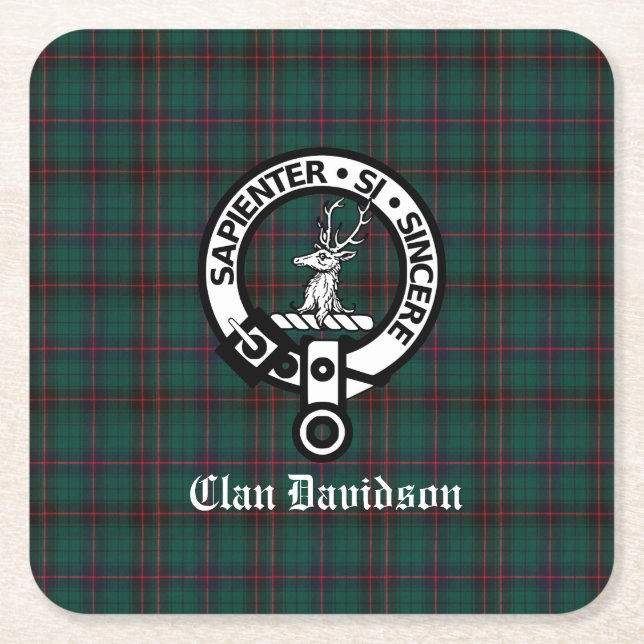 Clan Davidson Crest Badge and Tartan  Square Paper Coaster (Front)