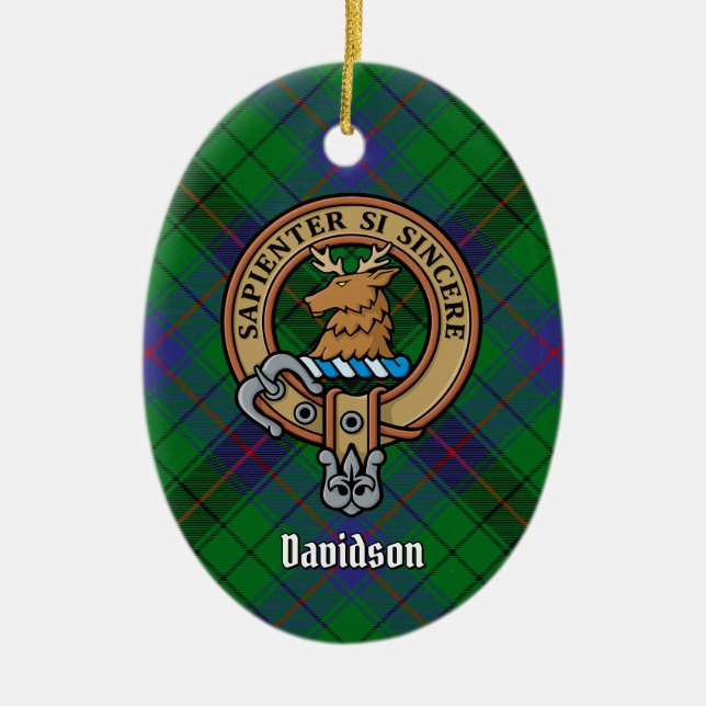 Clan Davidson Crest over Tartan Ceramic Tree Decoration (Front)