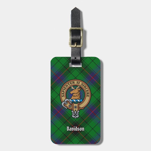 Clan Davidson Crest over Tartan Luggage Tag (Front Vertical)