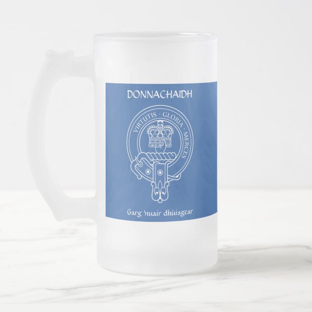 Clan Donnachaidh (Robertson) Crest & War Cry Frosted Glass Beer Mug (Left)