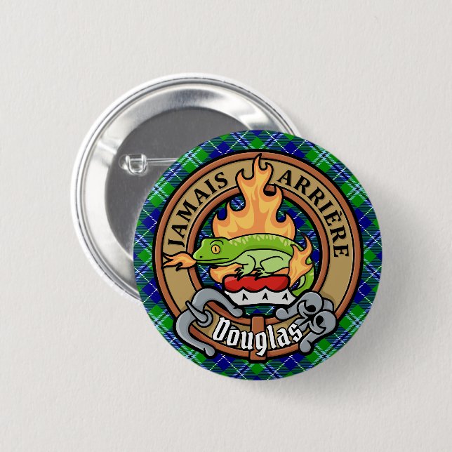 Clan Douglas Crest over Tartan 6 Cm Round Badge (Front & Back)
