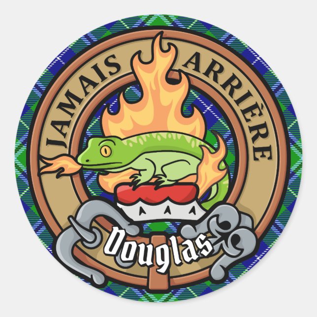 Clan Douglas Crest over Tartan Classic Round Sticker (Front)