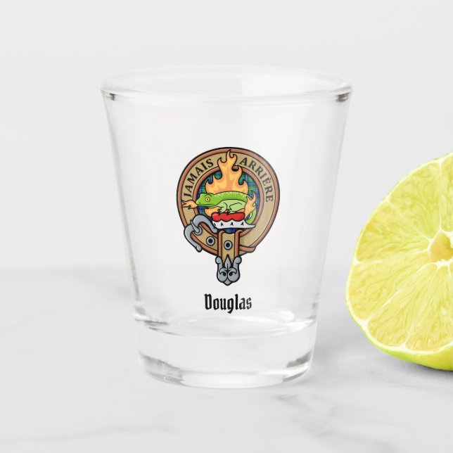 Clan Douglas Crest over Tartan Shot Glass (Front)