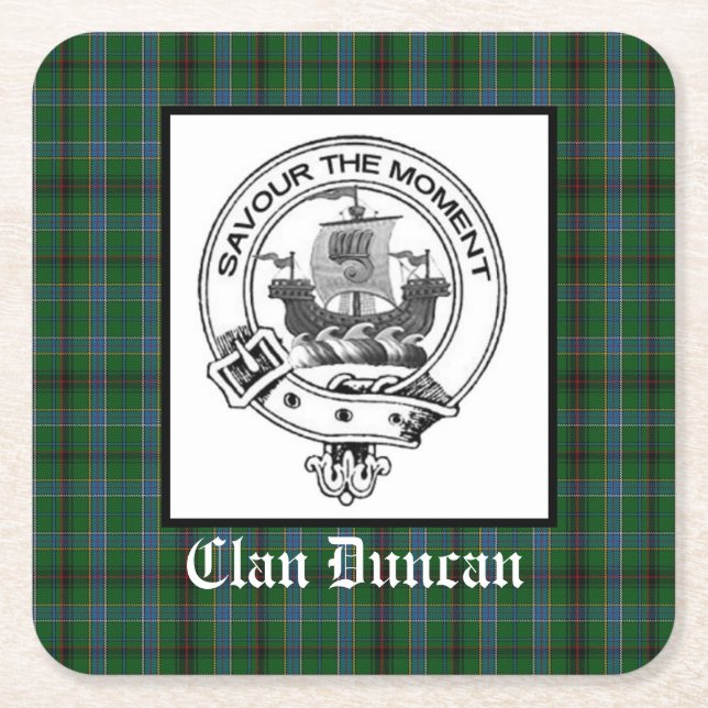 Clan Duncan Crest Badge and Tartan Square Paper Coaster (Front)