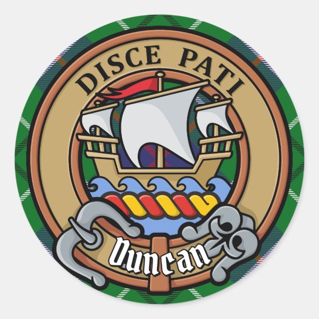 Clan Duncan Crest over Tartan Classic Round Sticker (Front)