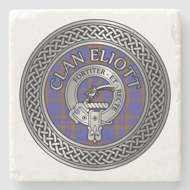 Clan Eliott Crest & Tartan Knot Stone Coaster (Front)