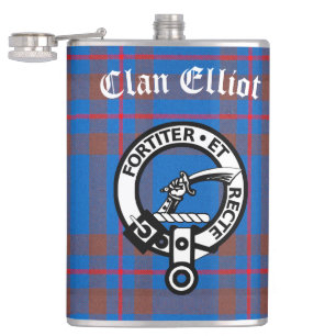 Clan Elliot Crest Badge & Tartan  Hip Flask