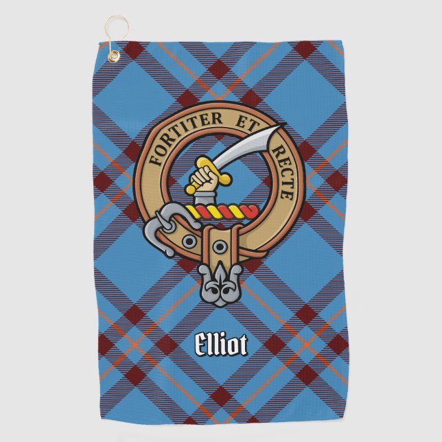 Clan Elliot Crest over Ancient Tartan Golf Towel (Front)