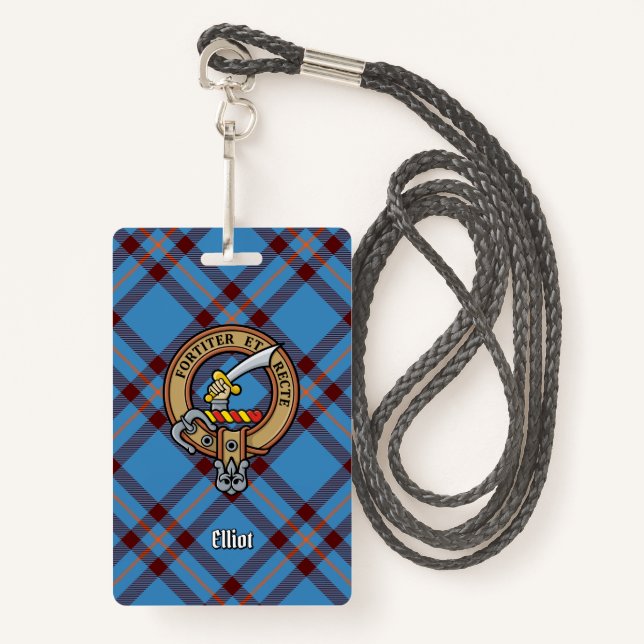 Clan Elliot Crest over Ancient Tartan ID Badge (Front with Lanyard)