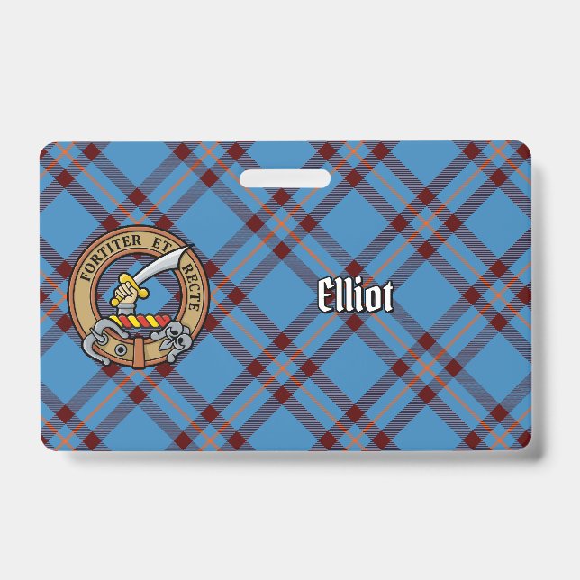 Clan Elliot Crest over Ancient Tartan ID Badge (Front)