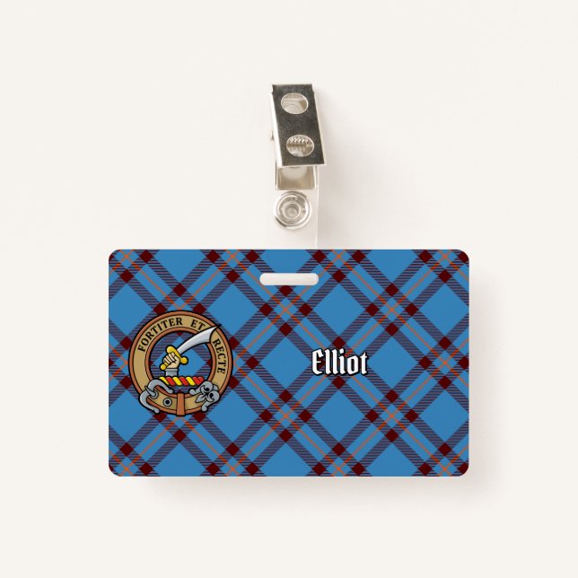 Clan Elliot Crest over Ancient Tartan ID Badge (Front with Clip)