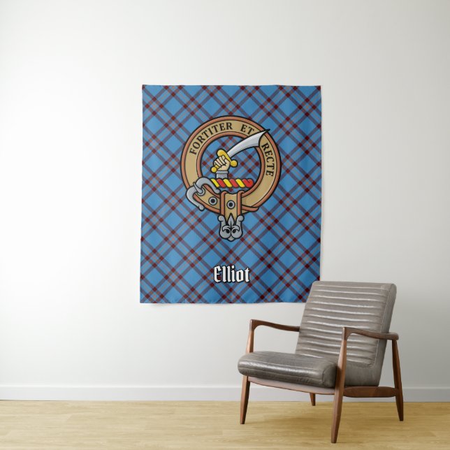 Clan Elliot Crest over Ancient Tartan Tapestry (In Situ)