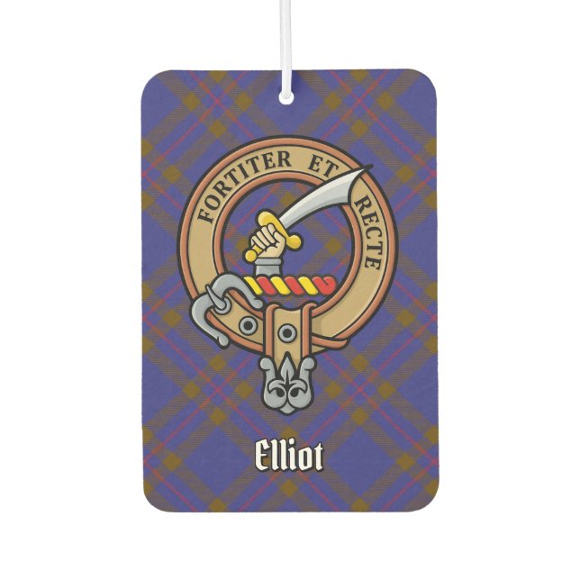 Clan Elliot Crest over Modern Tartan Car Air Freshener (Front)