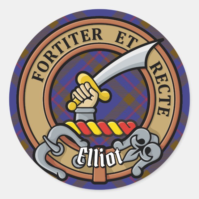 Clan Elliot Crest over Modern Tartan Classic Round Sticker (Front)