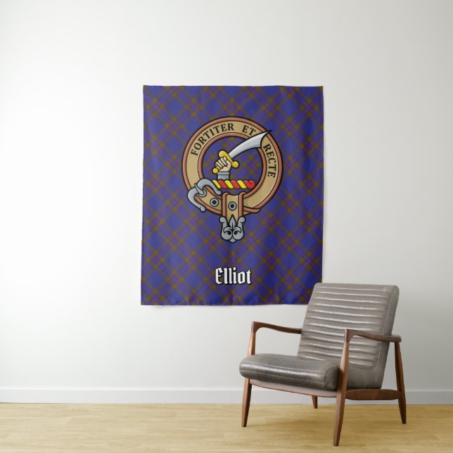 Clan Elliot Crest over Modern Tartan Tapestry (In Situ)