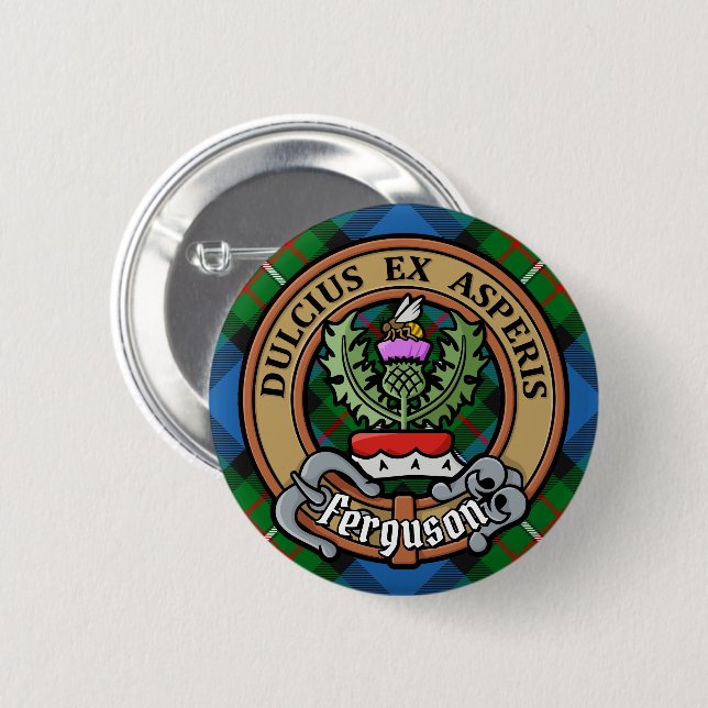 Clan Ferguson Crest over Tartan 6 Cm Round Badge (Front & Back)