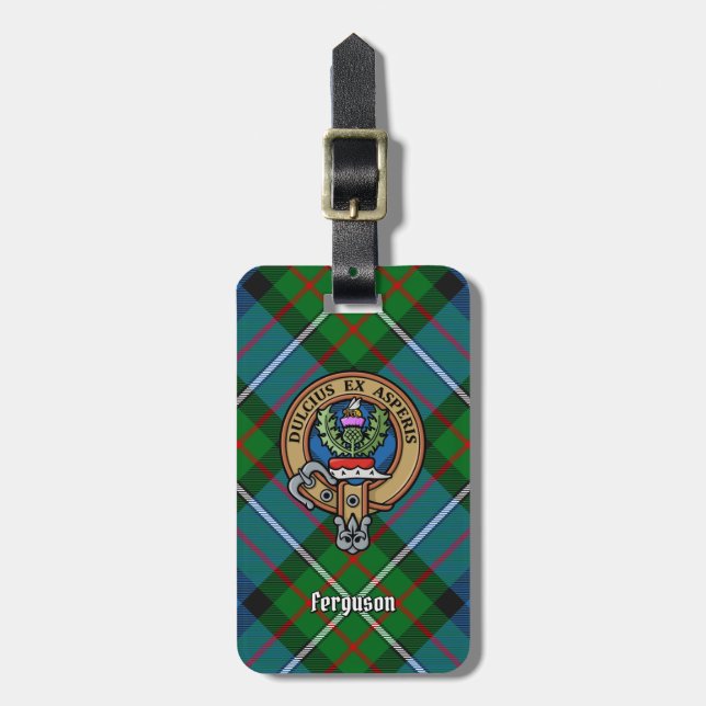 Clan Ferguson Crest over Tartan Luggage Tag (Front Vertical)