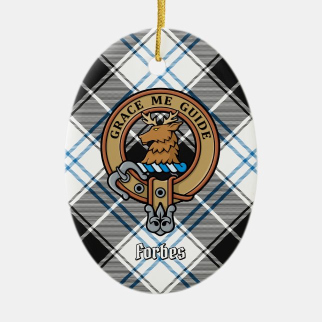 Clan Forbes Crest over Dress Tartan Ceramic Tree Decoration (Front)