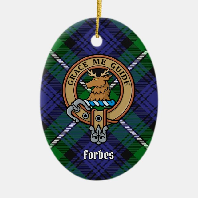 Clan Forbes Crest over Tartan Ceramic Tree Decoration (Front)