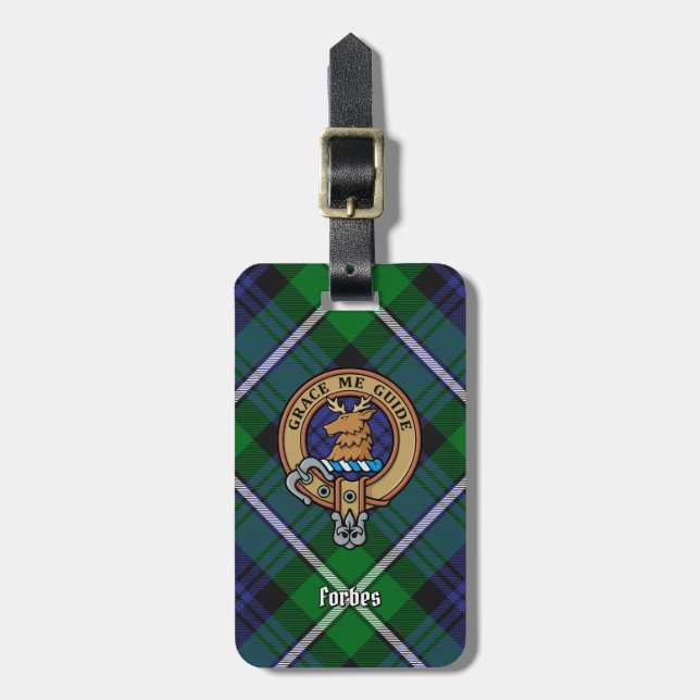 Clan Forbes Crest over Tartan Luggage Tag (Front Vertical)