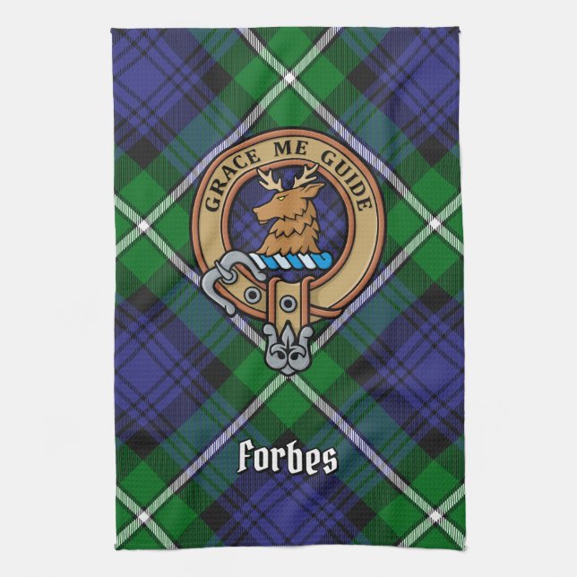 Clan Forbes Crest over Tartan Tea Towel (Vertical)