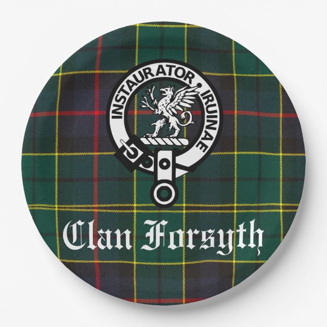 Clan Forsyth Crest Badge & Tartan Customisable Paper Plate (Front)