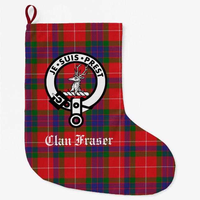 Clan Fraser Crest Badge & Tartan Customisable Large Christmas Stocking (Front)
