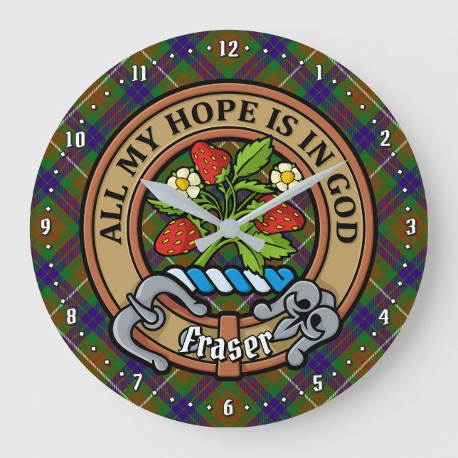 Clan Fraser Crest over Hunting Tartan Large Clock (Front)
