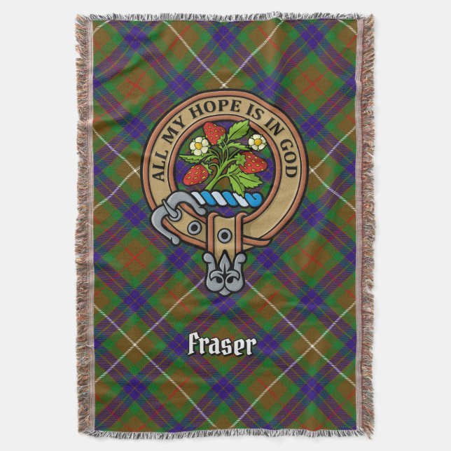 Clan Fraser Crest over Hunting Tartan Throw Blanket (Front Vertical)