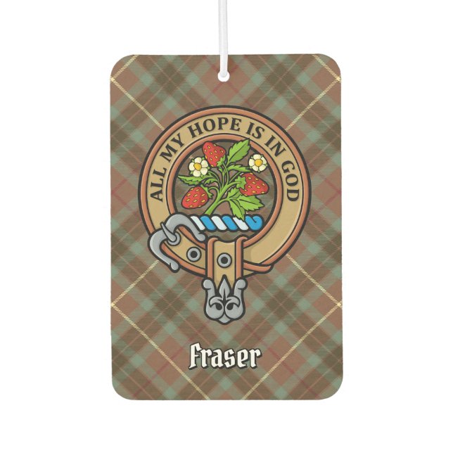 Clan Fraser Crest over Weathered Hunting Tartan Car Air Freshener (Front)