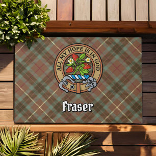 Clan Fraser Crest over Weathered Hunting Tartan Doormat