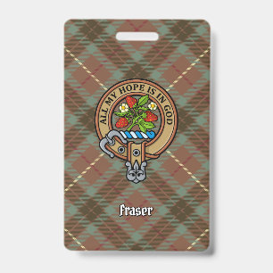Clan Fraser Crest over Weathered Hunting Tartan ID Badge