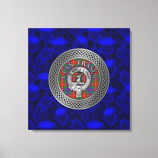 Clan Fraser Crest & Tartan Knot on Thistle Canvas Print (Front)