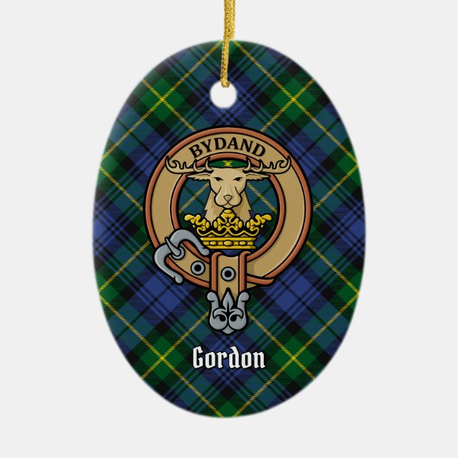 Clan Gordon Crest over Tartan Ceramic Ornament (Front)