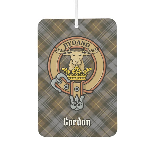 Clan Gordon Crest over Weathered Tartan Car Air Freshener (Front)