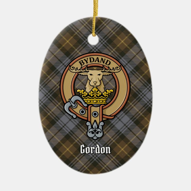 Clan Gordon Crest over Weathered Tartan Ceramic Tree Decoration (Front)