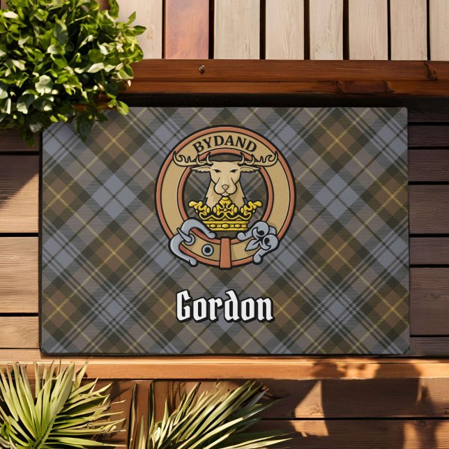 Clan Gordon Crest over Weathered Tartan Doormat (Creator Uploaded)