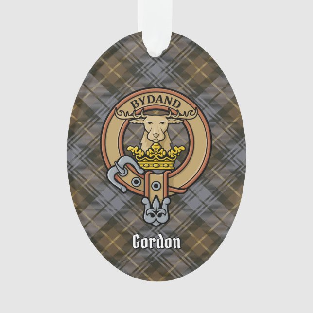 Clan Gordon Crest over Weathered Tartan Ornament (Front)