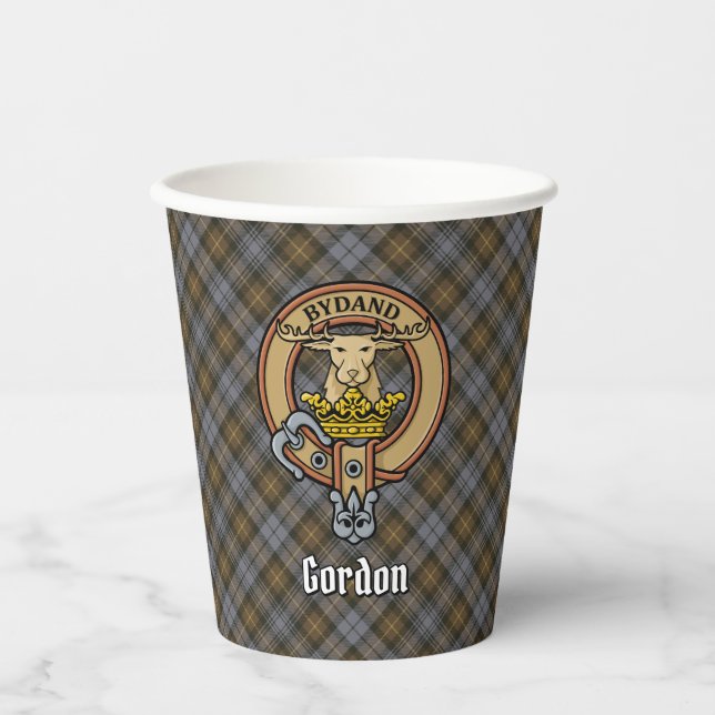 Clan Gordon Crest over Weathered Tartan Paper Cups (Front)