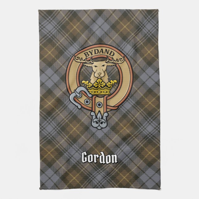 Clan Gordon Crest over Weathered Tartan Tea Towel (Vertical)
