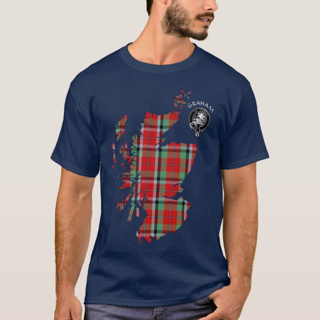 Clan Graham Red Tartan Map & Crest T-Shirt (Front)