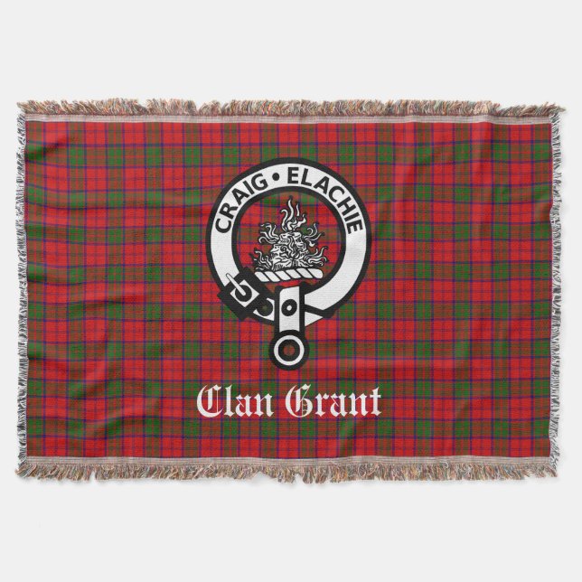 Clan Grant Crest Badge and Tartan Throw Blanket (Front)