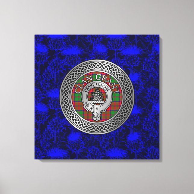 Clan Grant Crest & Tartan Knot on Thistle Canvas Print (Front)