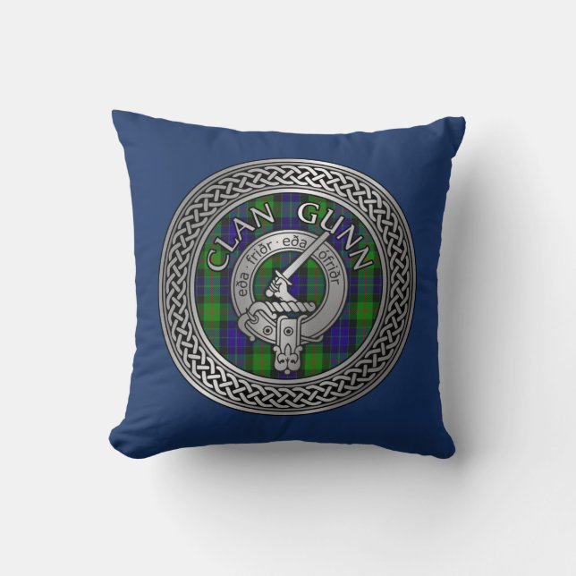 Clan Gunn Crest & Tartan Knot Throw Pillow (Front)