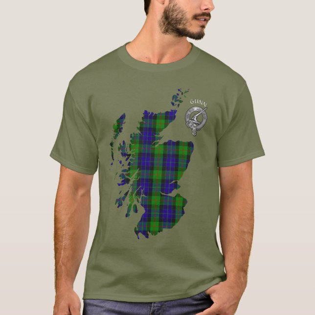 Clan Gunn Tartan Map & (Old Norse) Crest T-Shirt (Front)