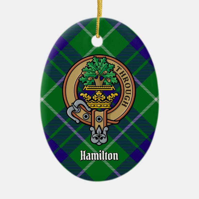Clan Hamilton Crest over Hunting Tartan Ceramic Tree Decoration (Front)