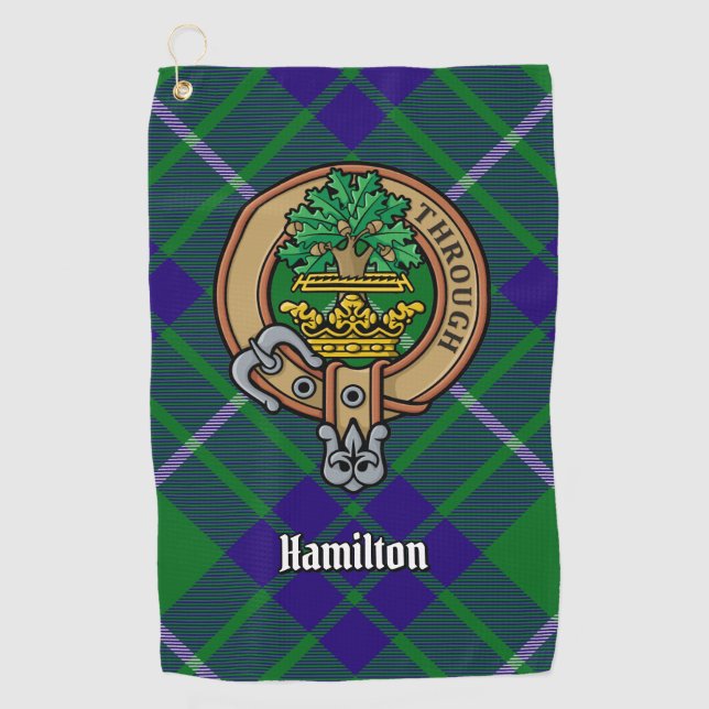 Clan Hamilton Crest over Hunting Tartan Golf Towel (Front)